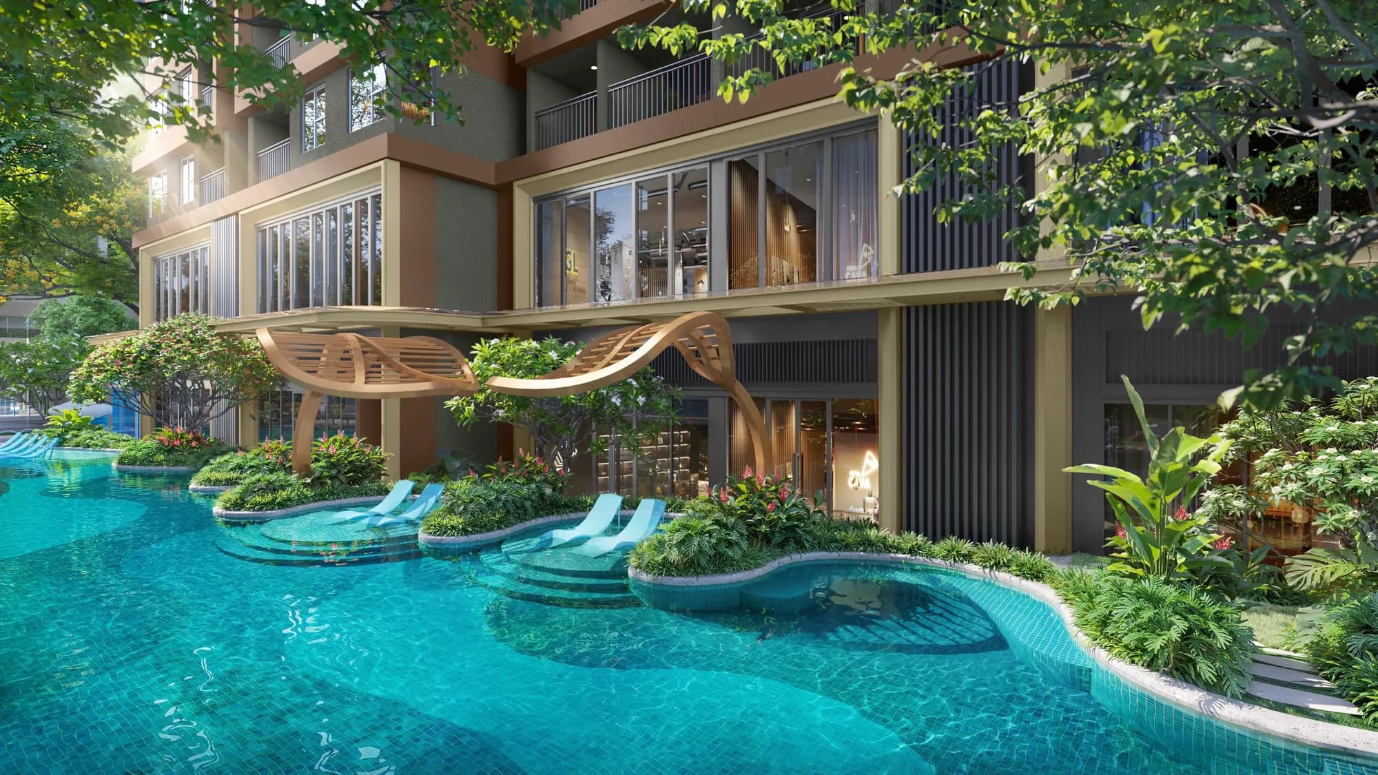 Monrei Saigon — vnitřní bazénová a vodní krajina resortu